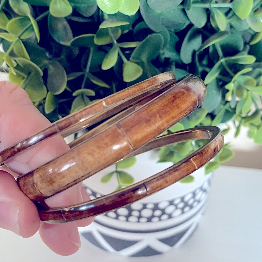 Vintage wood wooden 7” brass metal bangles set of 3